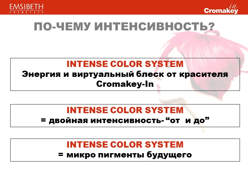 ПО-ЧЕМУ ИНТЕНСИВНОСТЬ? INTENSE COLOR SYSTEM Энергия и виртуальный блеск от красителя Cromakey-In INTENSE COLOR ПО-ЧЕМУ ИНТЕНСИВНОСТЬ? INTENSE COLOR SYSTEM Энергия и виртуальный блеск от красителя Cromakey-In INTENSE COLOR